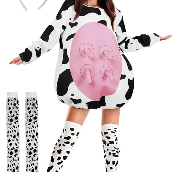 Adult Cow Costume for Women with Cute Cow Ears Headband and Cow Print Socks Halloween Christmas