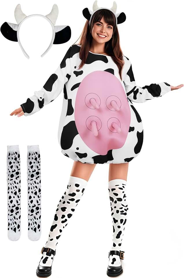 Adult Cow Costume for Women with Cute Cow Ears Headband and Cow Print Socks Halloween Christmas