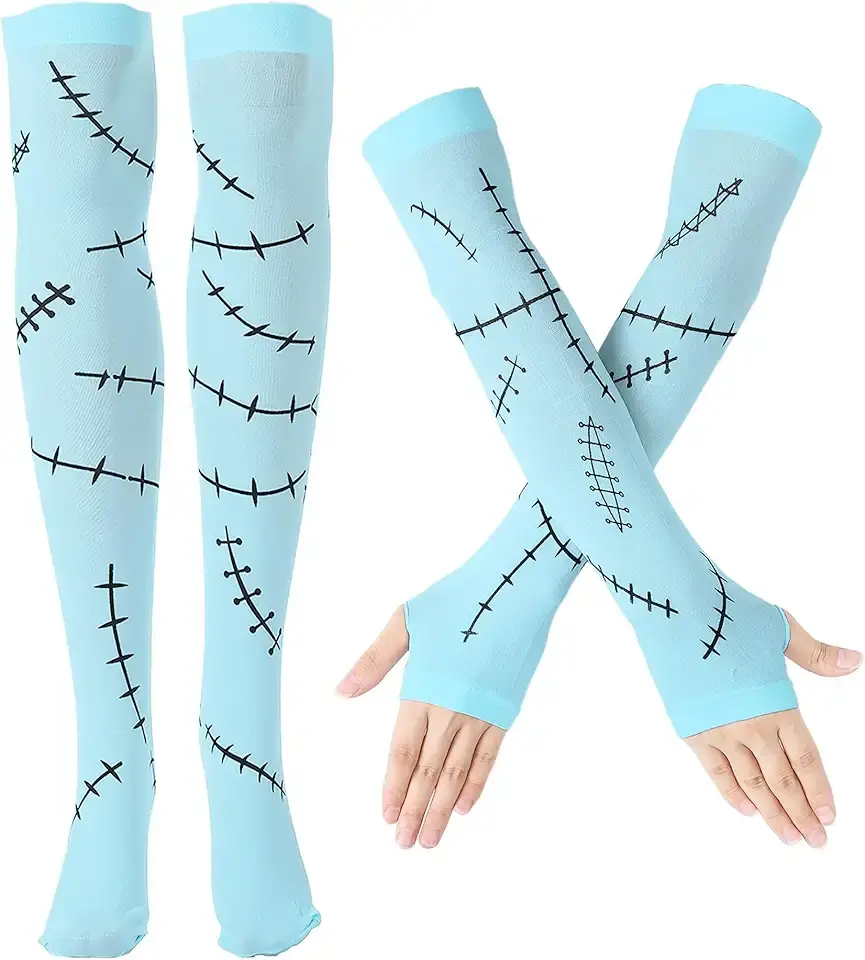 2 Pcs Halloween Costume Accessories Include Light Blue Stitched Scar Arm Sleeves Thigh High Socks