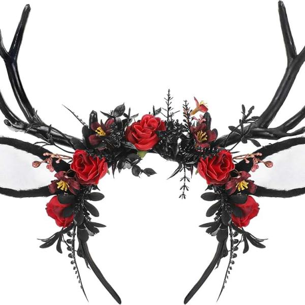 Black Flower Antlers Headband - Floral Deer Horns Headband with Deer Ears Reindeer Headpiece for