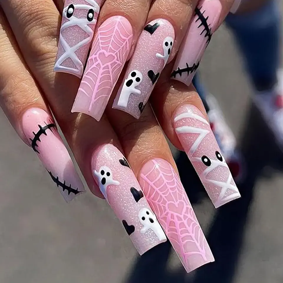 Halloween Cute Ghost Press on Nails Long Coffin Fake Nails Holiday Cute Spooky Heart Spider Web