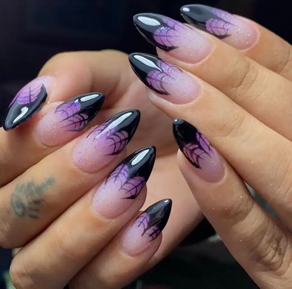 Almond Halloween Press on Nail Short Purple Fake Nails Spider Web French Tip Acrylic Glue on Nails