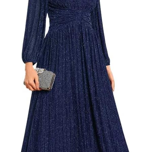 Women's V Neck Ruched High Waist Long Sleeves Floor Length Glitter Evening Dresses 01961