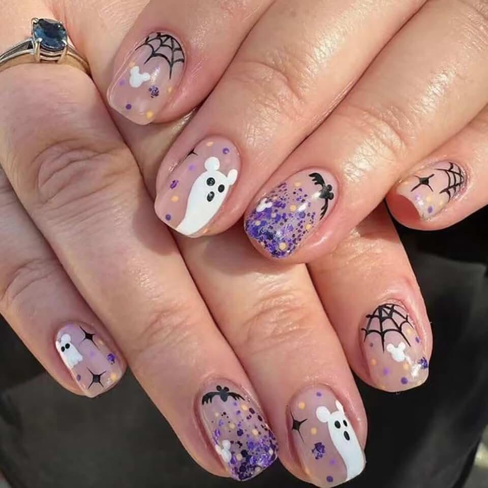 Halloween Press on Nails Short Fake Nails with Glitter Stars Bat Spider Web Design Glossy Glue on