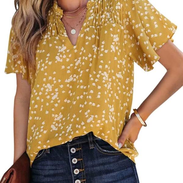 SHEWIN Women's Casual V Neck Floral Print Smocked Short Sleeve Chiffon Blouses Bohemian Top Shirts