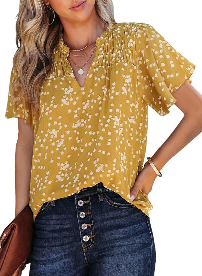 SHEWIN Women's Casual V Neck Floral Print Smocked Short Sleeve Chiffon Blouses Bohemian Top Shirts