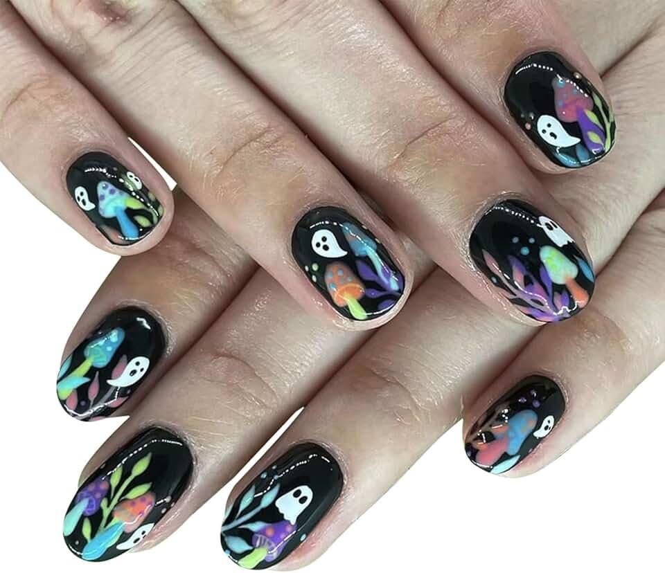 Halloween Press on Nails Almond Fake Nails with Ghosts Designs Short Halloween Cute Acrylic Nails