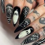 Halloween Horror Ghost Press on Nails Long Pointed Fake Nails Black White Stripe Spider Web