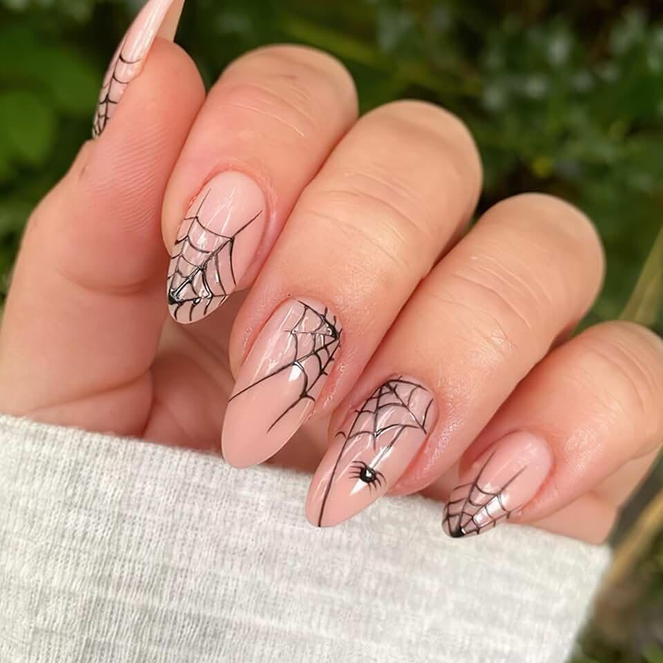 Halloween Press on Nails Short Almond Fake Nails Horror Nude Pink Glue on Nails with Spider Designs