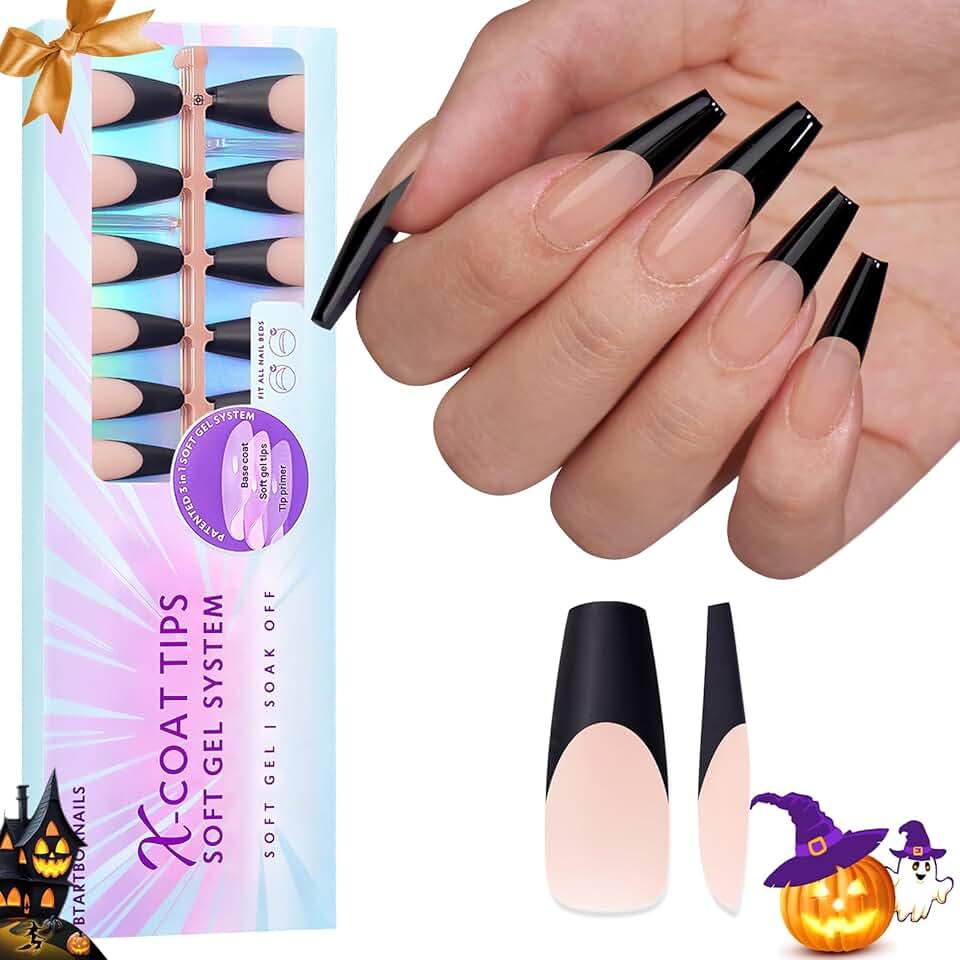 BTArtboxnails Black French Tips Press On Nails - Soft Gel Coffin Nail Tips Extra Long, XCOATTIPS