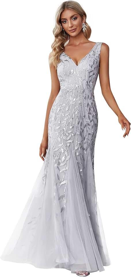 Women's Formal Dress Sequin Double V-Neck Sleeveless Mermaid Long Evening Dress 07886