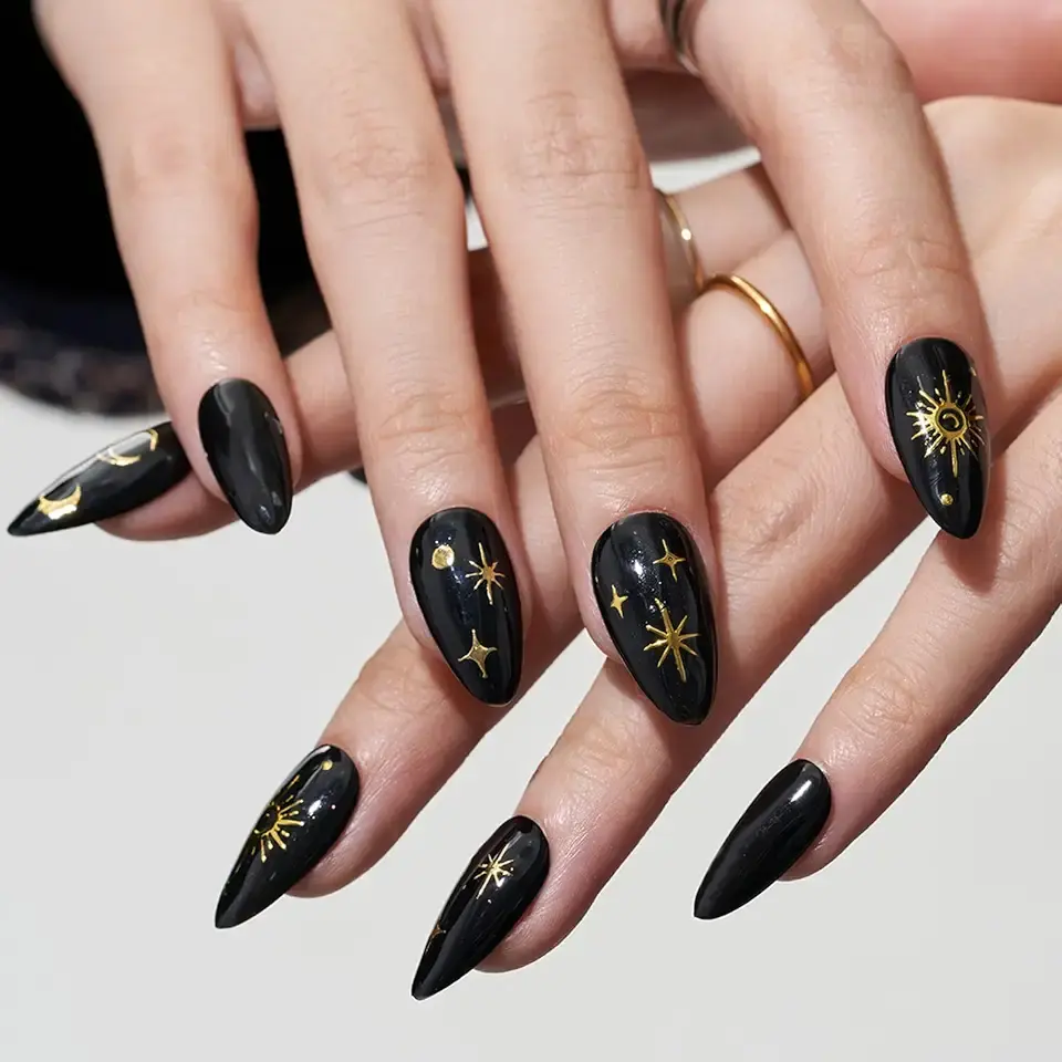 GLAMERMAID Press on Nails Medium Almond, Halloween Handmade Black Nails Polish Glue on Nails with