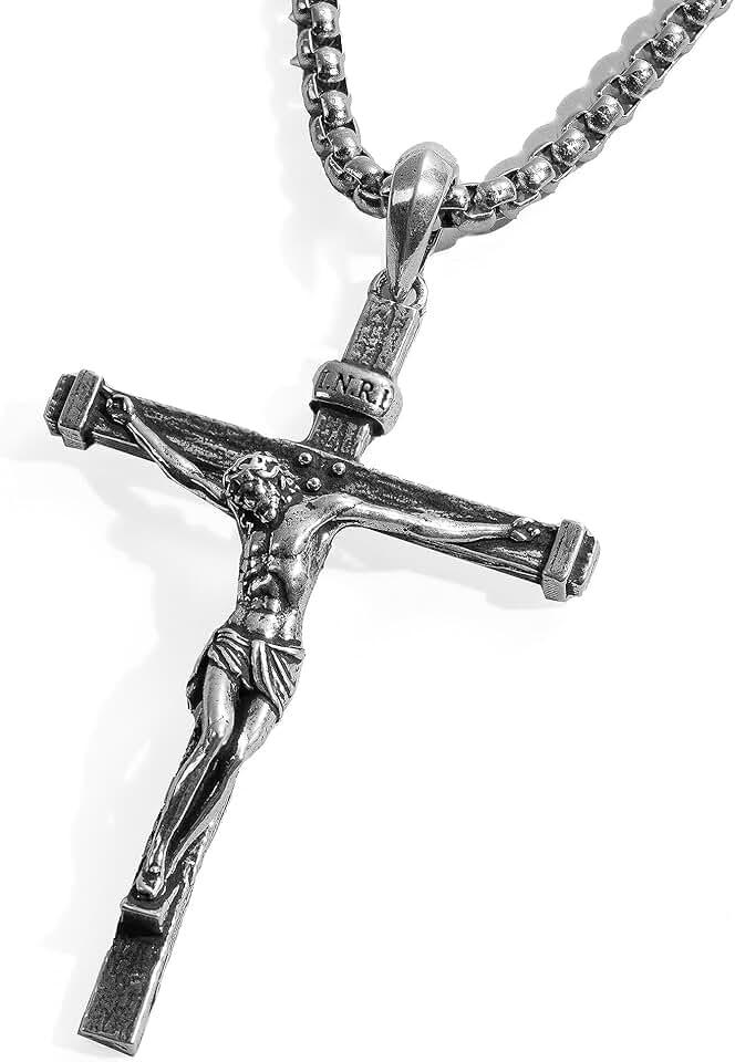 Sterling Silver Crucifix Pendant for Men, Catholic Jesus Cross Necklace for Women, 925 Sterling