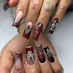 Wine Red French Press on Nails Medium Spider Web False Nails Metal Skeleton Spider Design Halloween