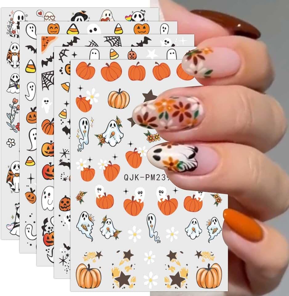 Halloween Nail Stickers, 12 Sheets Self-Adhesive Nail Decal Ghosts Pumpkin Star Nail Art Decoration