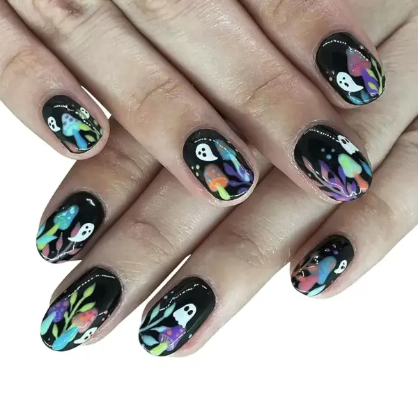 Halloween Fake Nails White Ghost Press on Nails Short Almond with Mushroom Designs Cute Ghosts