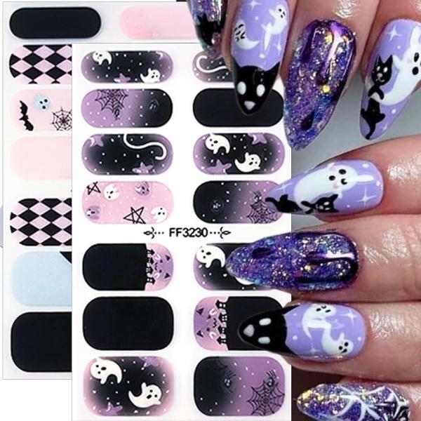 Halloween Gel Nail Strips Stickers Ghost Gel Nail Stickers Purple Full Nail Wraps Gel Nail Stickers