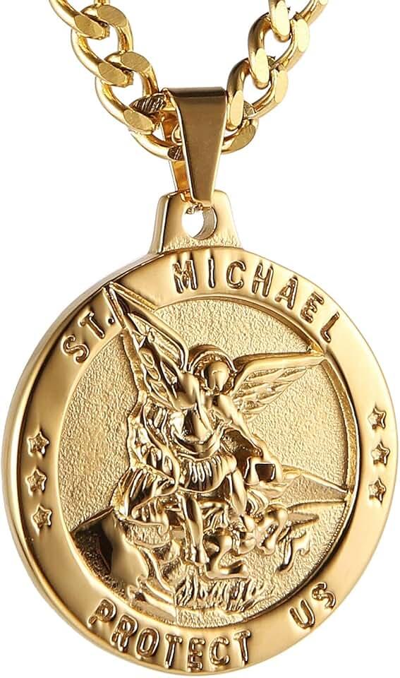 HZMAN St Michael The Archangel Catholic Medal Stainless Steel Amulet Pendant Necklace 22+2" Rolo