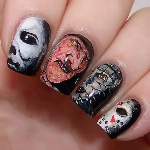 Halloween Press on Nails Horror Eye Blood Glue on Nails Black Glossy Fake Nails Full Cover