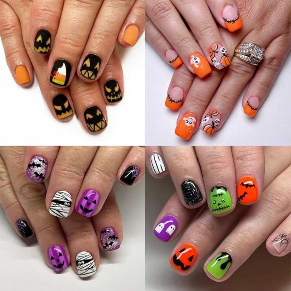 4 Types (2 Glossy 2 Matte) Halloween Press on Nails Short Square Fake Nails with Nails Glue Pumpkin