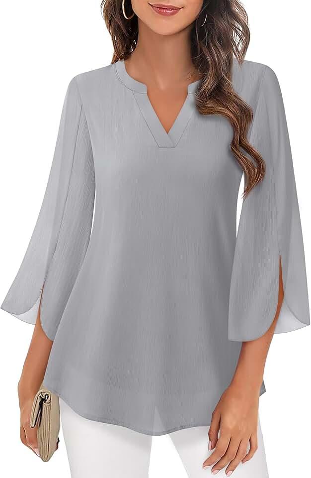 Timeson Women's 3/4 Sleeve Chiffon Blouse Shirt V Neck Dressy Tunic Tops