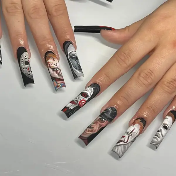 Halloween Press on Nails Long Square Fake Nails Eight Ghost Face Bleed Designs False Nails Full