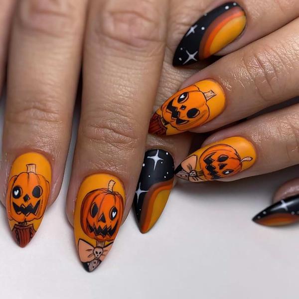 24 Pcs Halloween Nails Medium Press on Nails Almond Fake Nails Orange RIICFDD False Nails with