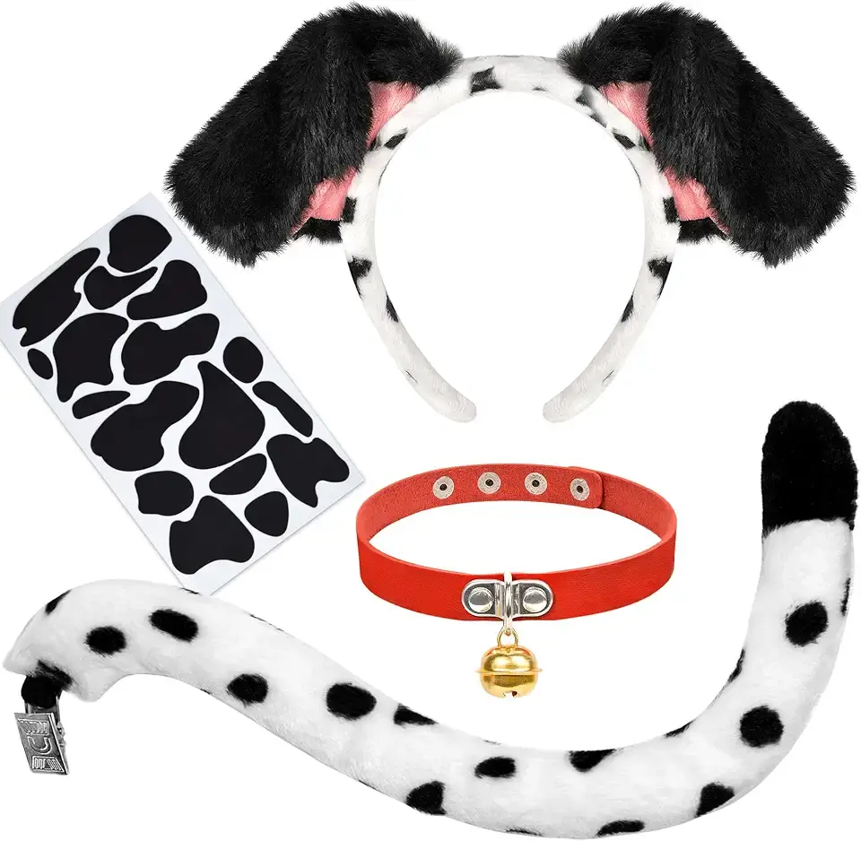 Dalmatian Ears Headband and Dog Tail Collar and Felt Stickers Set, Dalmatian Costume Puppy Dog Ears