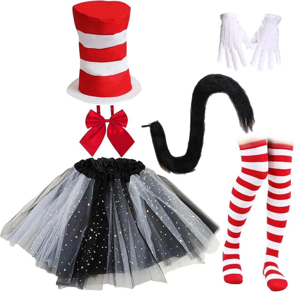 Womens Top Hat Costume Set, Red White Striped Top Hat & Tutu Halloween Spirit Day Cosplay Outfits