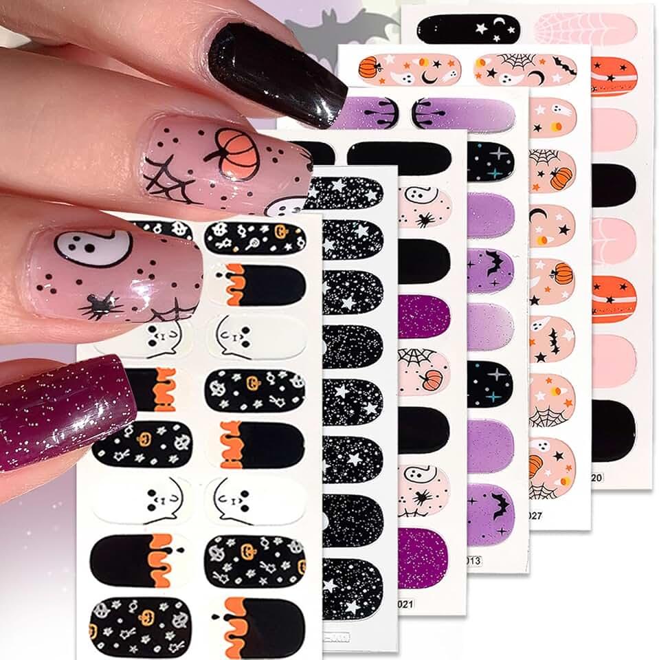 6 Sheets Halloween Nail Art Stickers for Nail Art 3D Halloween Full Nail Wraps Stickers Bat Spider