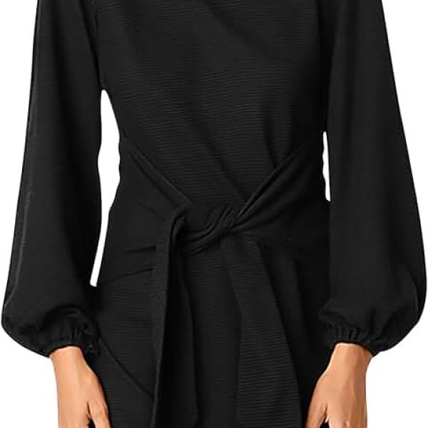 Women's Elegant Long Lantern Sleeve Short Dress Crewneck Tie Waist Knit Cocktail Dress