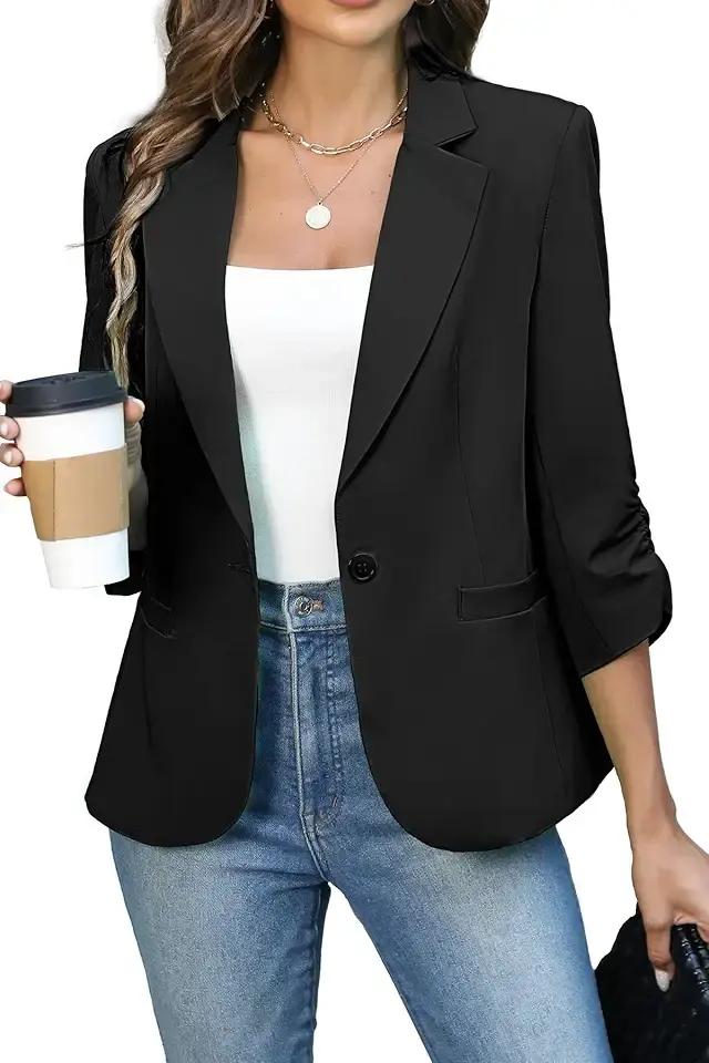 ELLEVEN Women's Ruched 3/4 Sleeve Blazers, Lightweight Slim Fit Suits with Padded Shoulder for Business Casual