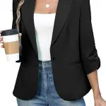 ELLEVEN Women's Ruched 3/4 Sleeve Blazers, Lightweight Slim Fit Suits with Padded Shoulder for Business Casual