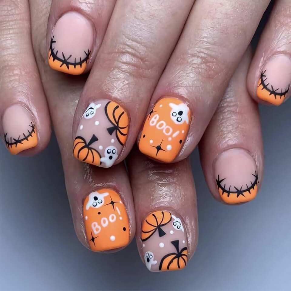 24Pcs Halloween Press on Nails Cute Ghost Acrylic False Nails Short Square Pumpkins Fake Nails Gel