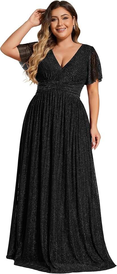 Women's A Line V Neck Short Sleeves Pleated Plus Size Maxi Evening Dresses 11961-DA