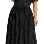 Women's A Line V Neck Short Sleeves Pleated Plus Size Maxi Evening Dresses 11961-DA