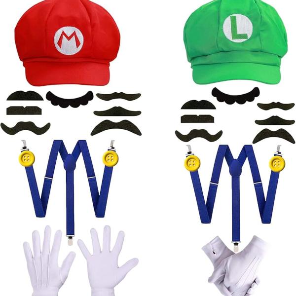 FUYVA Super Brothers Mara & Luigi Hat Costume for Adults Uisex Cap Suspenders Gloves Fake Accessory