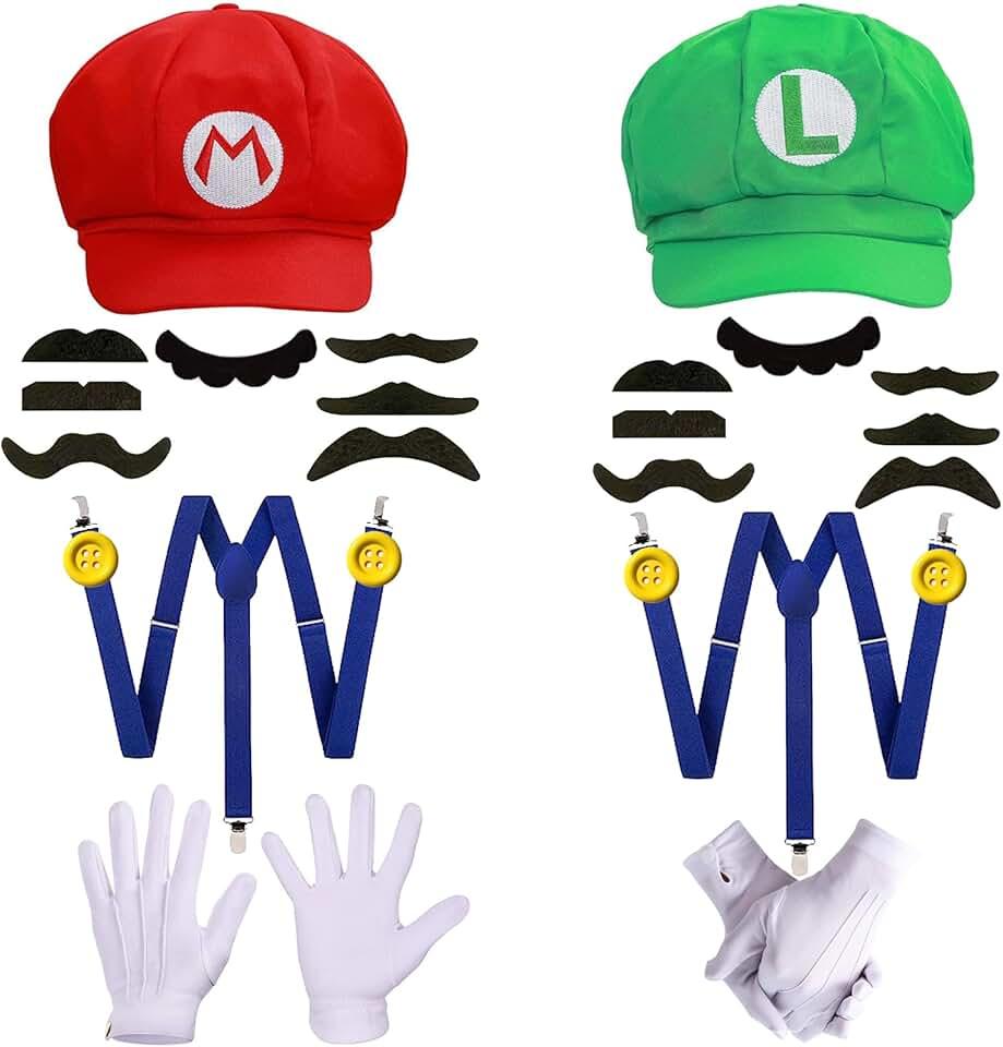 FUYVA Super Brothers Mara & Luigi Hat Costume for Adults Uisex Cap Suspenders Gloves Fake Accessory