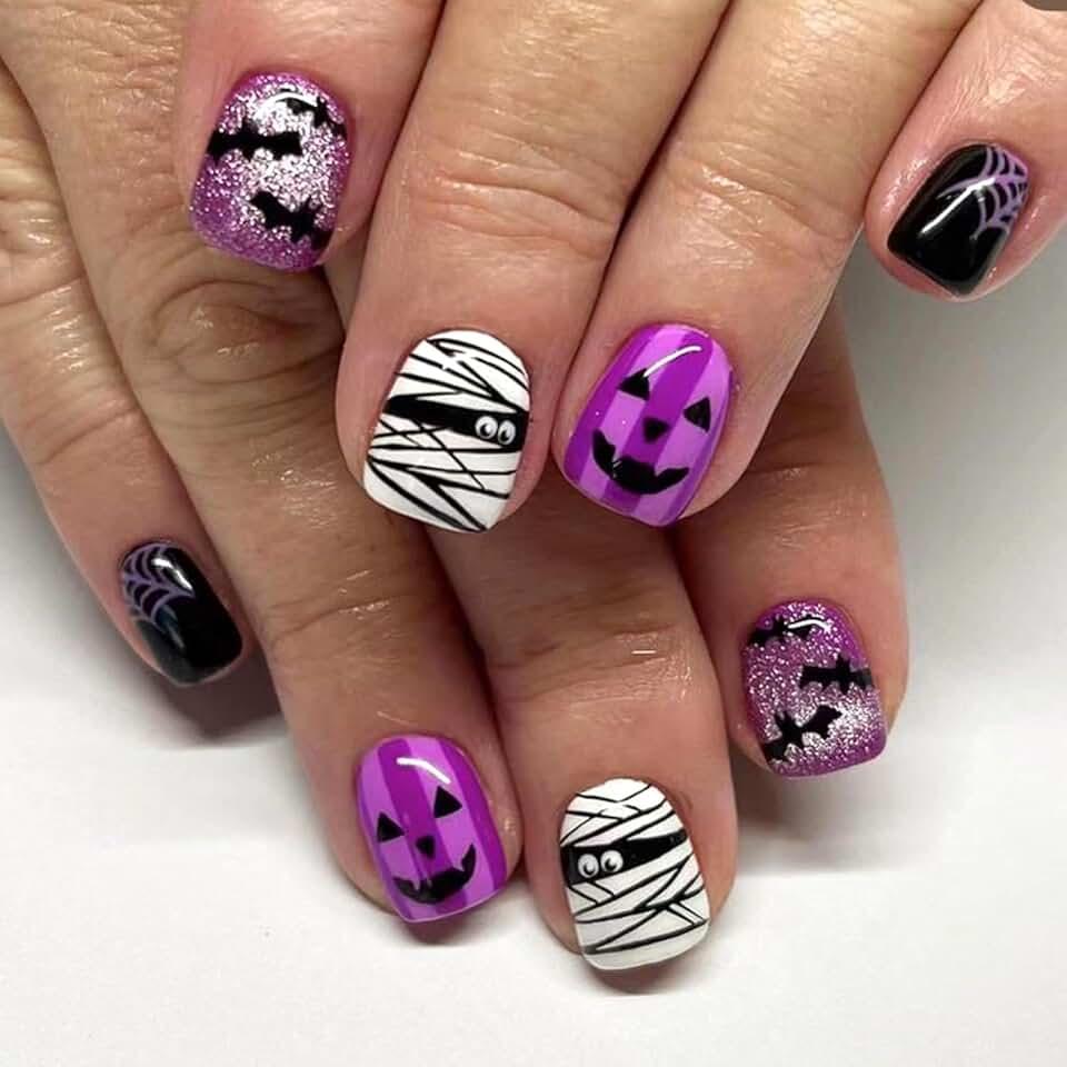 Halloween Press on Nails Short Square Fake Nails Purple Glitter Black Bat Acrylic Nails Reusable