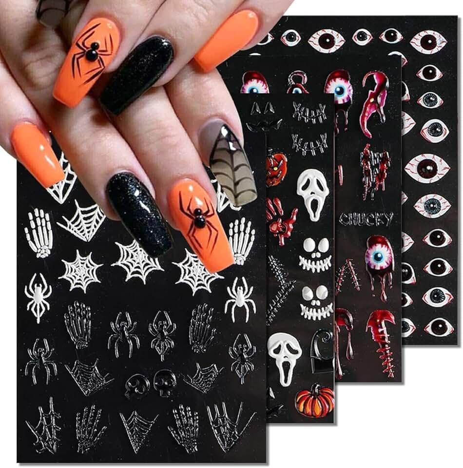 5D Halloween Nail Stickers Acrylic Sticker Realistic Eyes Bone Spider Embossed Halloween Skull