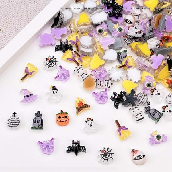 100Pcs Halloween Nail Art Charms Multi Shapes Colors 3D Pumpkin Torch Broom Nail Charms Cute