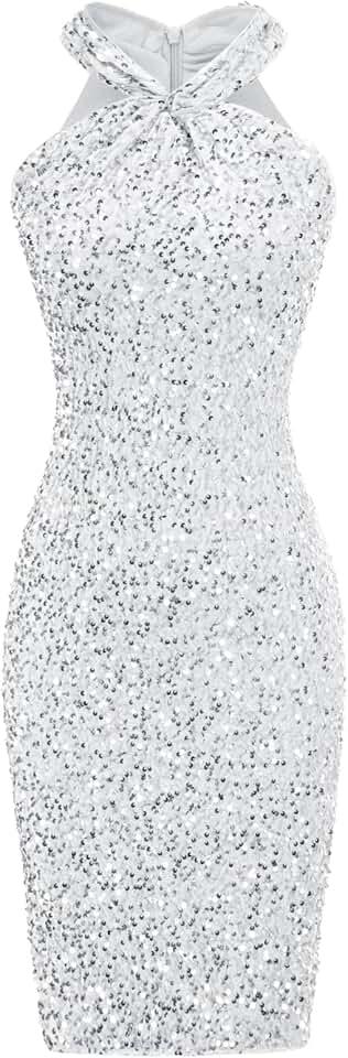 Sequin Dress for Women Sleeveless Sparkly Glitter Halter Dress Bodycon Mini Club Dresses 2024