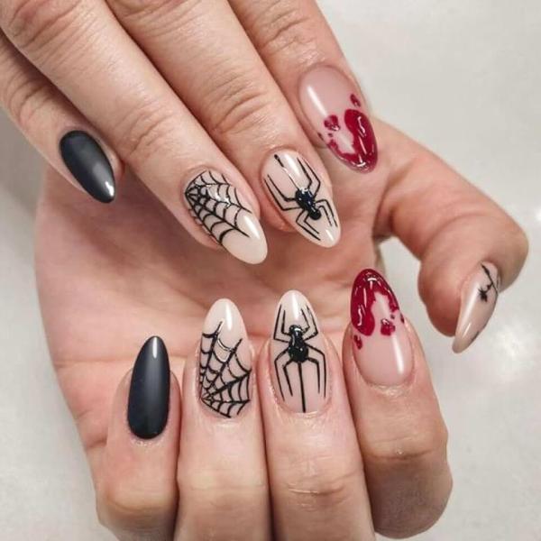 Halloween Press on Nails Medium Almond Fake Nails with Spider & Spider Web Designs Glossy Glue on