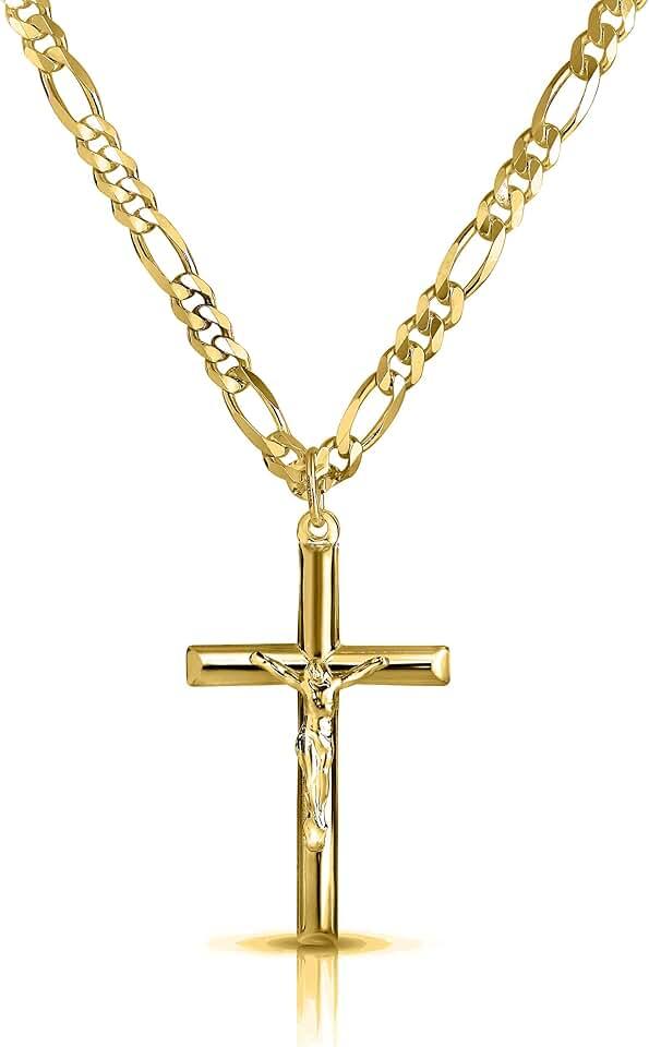 Verona Jewelers Men and Women 24" Stainless Steel 3.8MM Figaro Chain Necklace Crucifix Cross