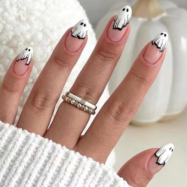 24pcs Almond Press on Nails Medium Halloween Fake Nails,White Ghost Nails Tip Design,Glossy Acrylic