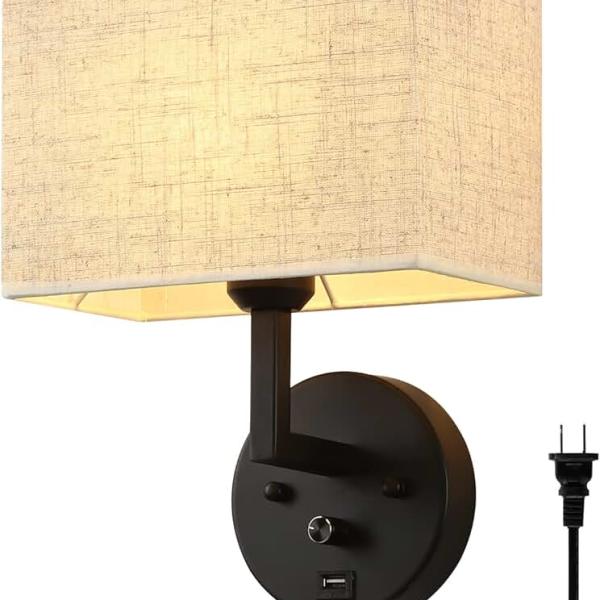 Plug in Wall Sconce with Dimmer Switch and USB Port，9.5“Rectangular Linen Fabric Shade，Bedside Wall