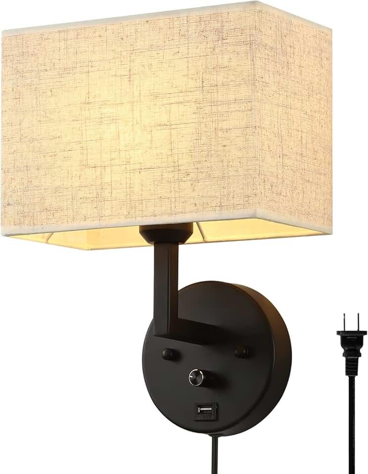 Plug in Wall Sconce with Dimmer Switch and USB Port，9.5“Rectangular Linen Fabric Shade，Bedside Wall