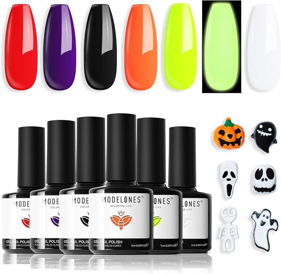 modelones Halloween Gel Nail Polish Set 6 Colors Hocus Pocus Collection Glow in the Dark Neon Green