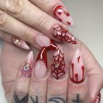 Halloween Press on Nails Medium Almond Fake Nails with Spider Web Spider Nail Rhinestones Designs