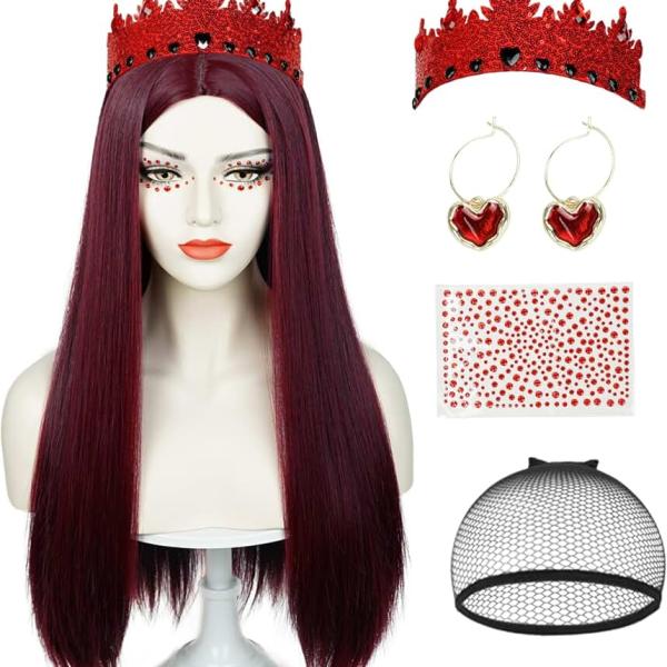 Red Heart Wig and Crown Earrings Rhinestone Accessories for Women Adult, Long Straight Dark Red